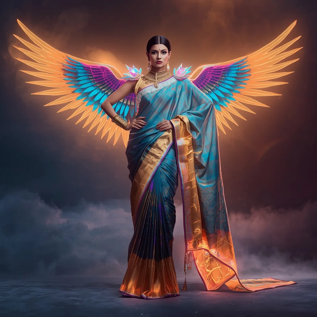 Luxury Neon Crystal Eagle Saree With Sky Hunter Wings And Cyber Royal Fashion Power | New Ai Prompt Girl
